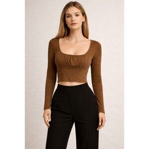 WILFRED FREE Brown Crop Top LARGE Long Sleeve Ruched Scoop Neck Women